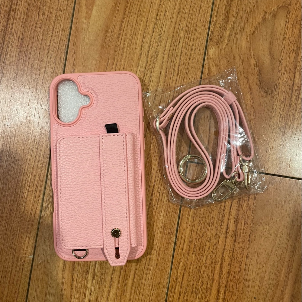 Pink Leather Phone Case with Strap And Card Holder for IPhone 16 plus